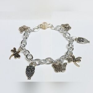 Silvertone Costume Jewelry Charm Bracelet Owl, Butterfly, and Dragonfly Charms